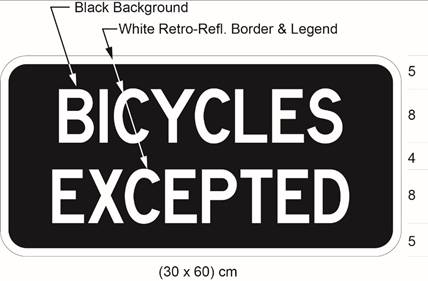 Illustration of tab sign with white text BICYCLES EXCEPTED on black background. 