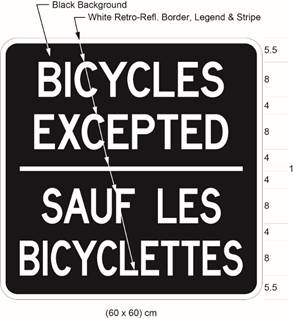 Illustration of tab sign with white text BICYCLES EXCEPTED / SAUF LES BICYCLETTES on black background. 